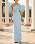 Light Blue One Shoulder 3d Floral Design Maxi Dress