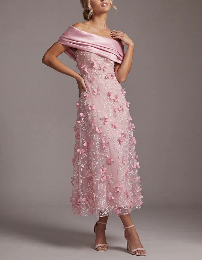 Pink Off Shoulder 3d Floral Tulle Maxi Dress