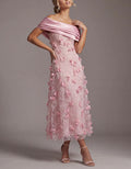 Pink Off Shoulder 3d Floral Tulle Maxi Dress