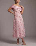 Pink Off Shoulder 3d Floral Tulle Maxi Dress