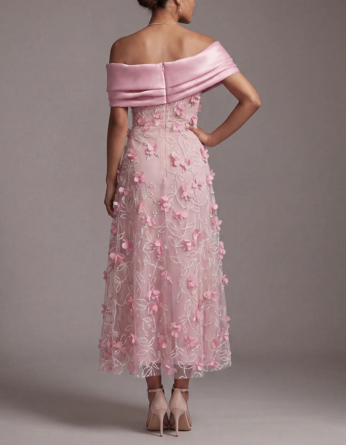 Pink Off Shoulder 3d Floral Tulle Maxi Dress
