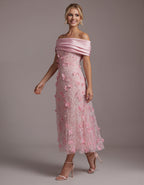 Pink Off Shoulder 3d Floral Tulle Maxi Dress
