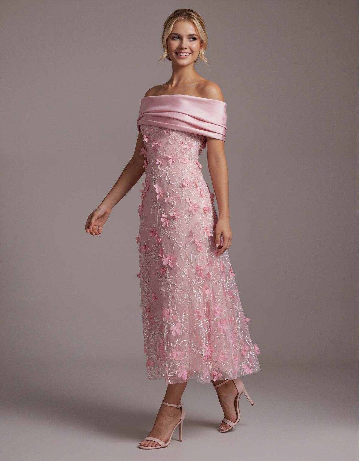 Pink Off Shoulder 3d Floral Tulle Maxi Dress