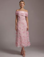 Pink Off Shoulder 3d Floral Tulle Maxi Dress