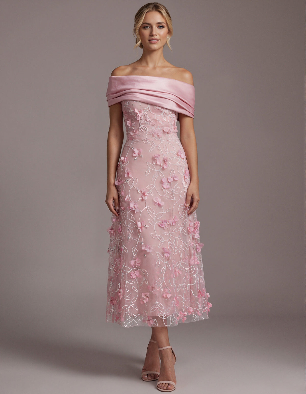 Pink Off Shoulder 3d Floral Tulle Maxi Dress