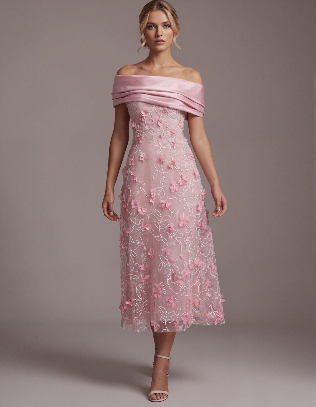 Pink Off Shoulder 3d Floral Tulle Maxi Dress