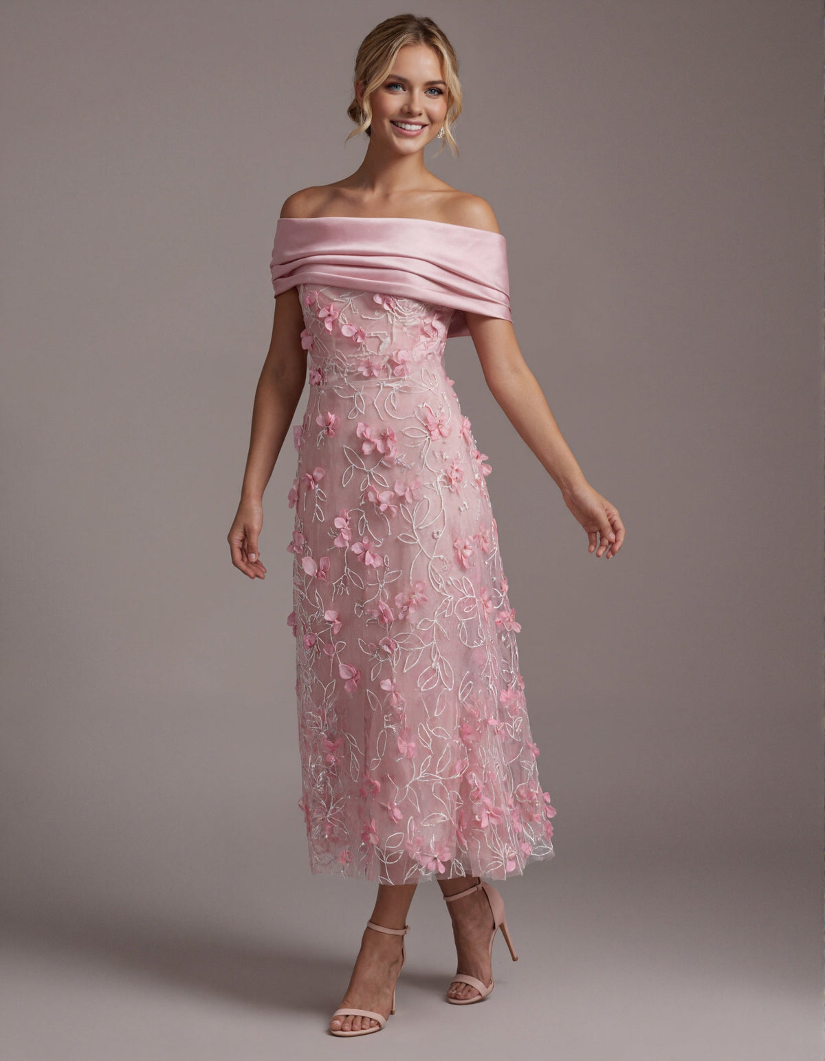 Pink Off Shoulder 3d Floral Tulle Maxi Dress