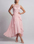 Midikleid aus Chiffon mit floraler Applikation, vorne kürzer und hinten länger geschnitten