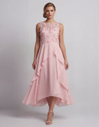 Midikleid aus Chiffon mit floraler Applikation, vorne kürzer und hinten länger geschnitten