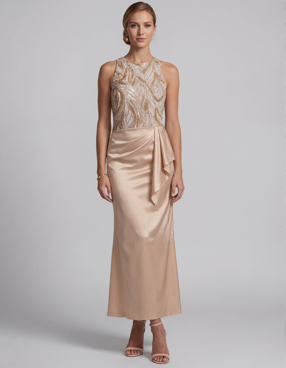 Champagne Satin Sequins Maxi Dress
