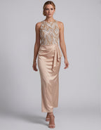 Champagne Satin Sequins Maxi Dress