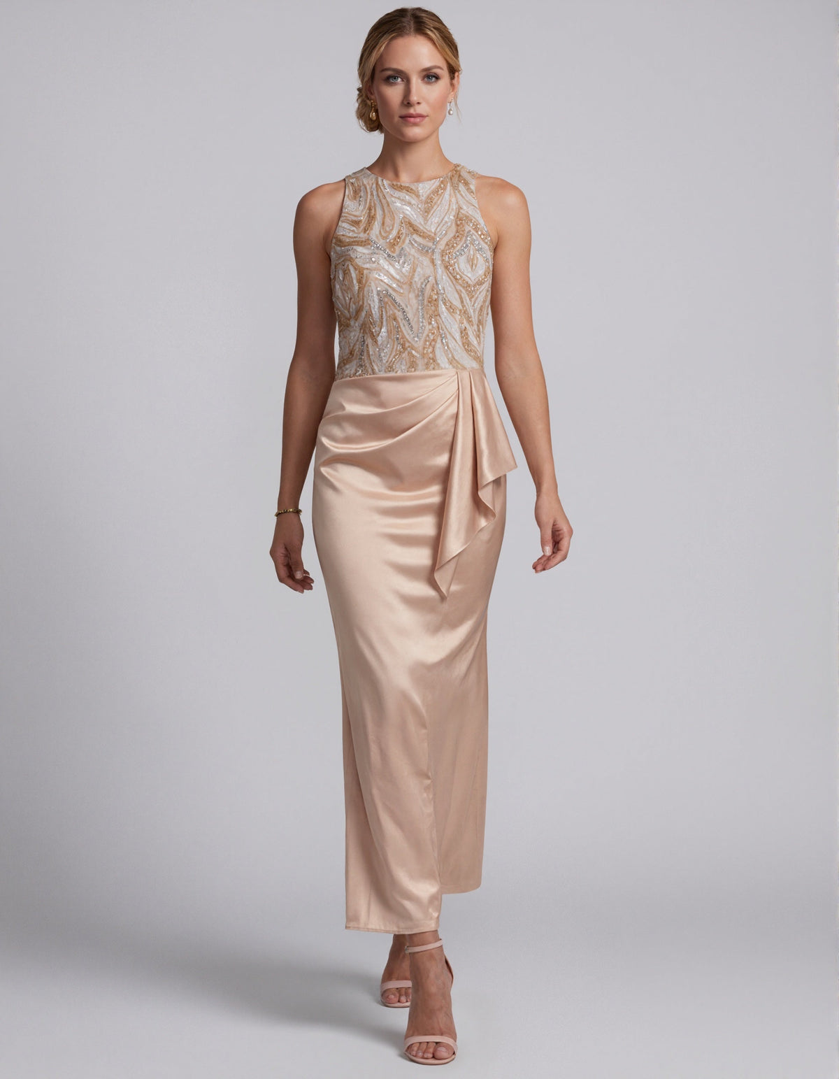 Champagne Satin Sequins Maxi Dress
