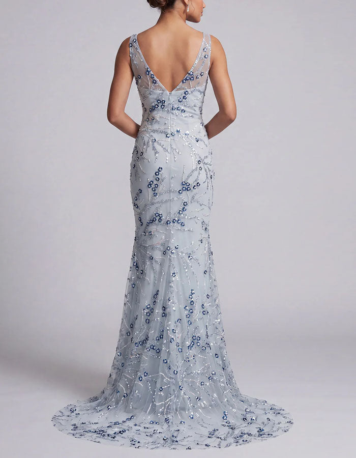 Hellblaues Maxikleid aus Tüll mit Pailletten-Blumenmuster