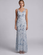 Hellblaues Maxikleid aus Tüll mit Pailletten-Blumenmuster