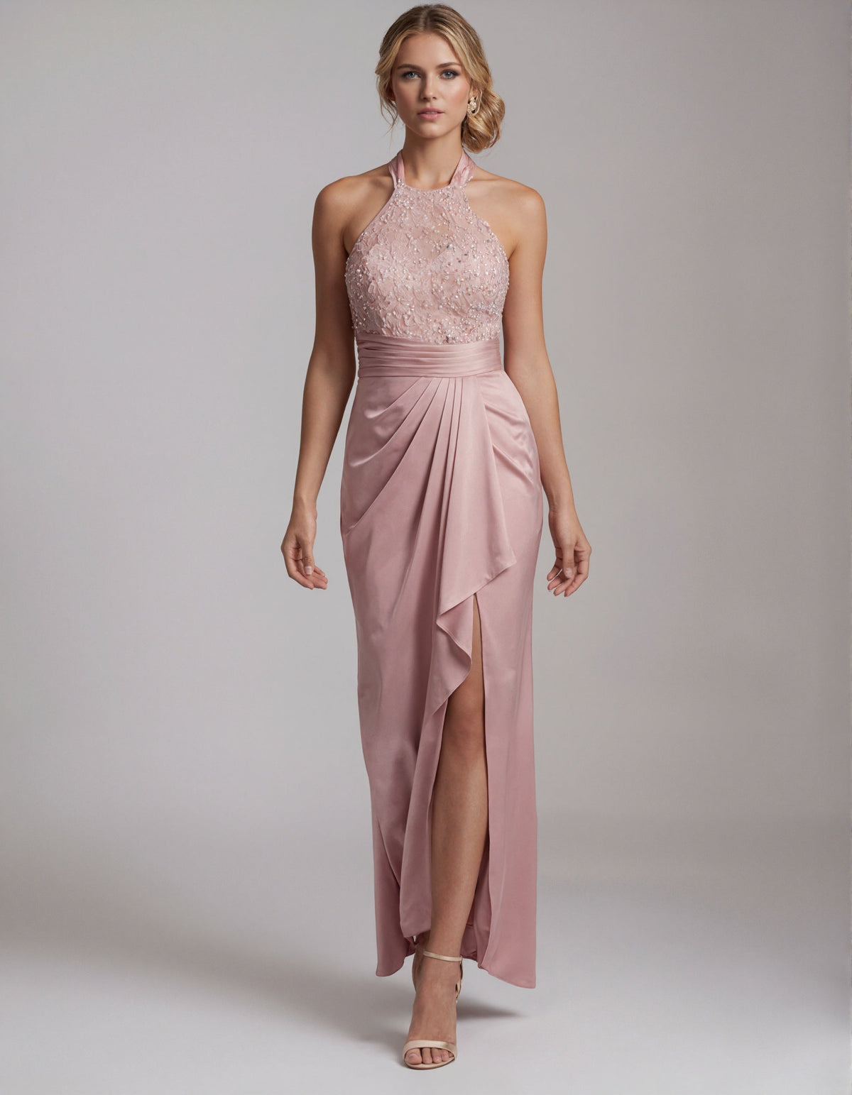 Pink Backless Sequined Satin Hem Maxi Dress