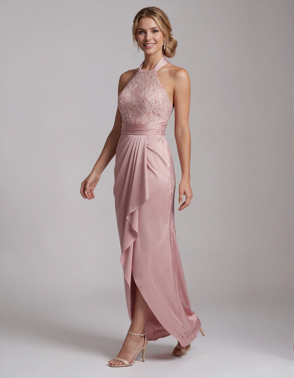 Pink Backless Sequined Satin Hem Maxi Dress