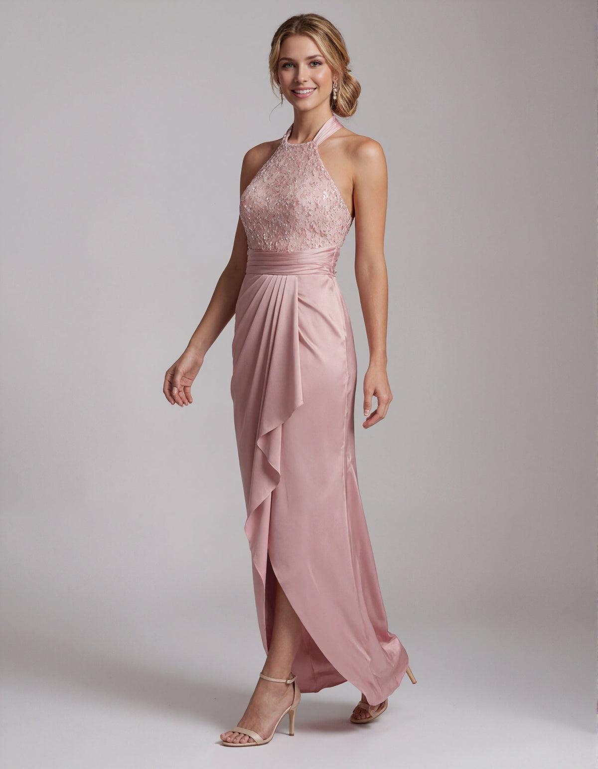 Pink Backless Sequined Satin Hem Maxi Dress