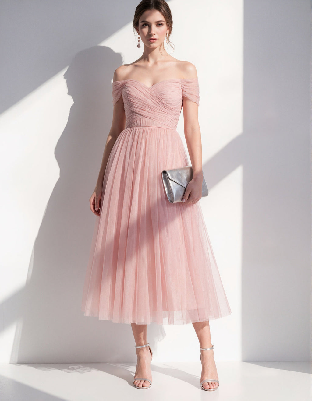 Pink Off Shoulder Tulle Midi Dress