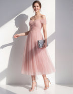 Pink Off Shoulder Tulle Midi Dress