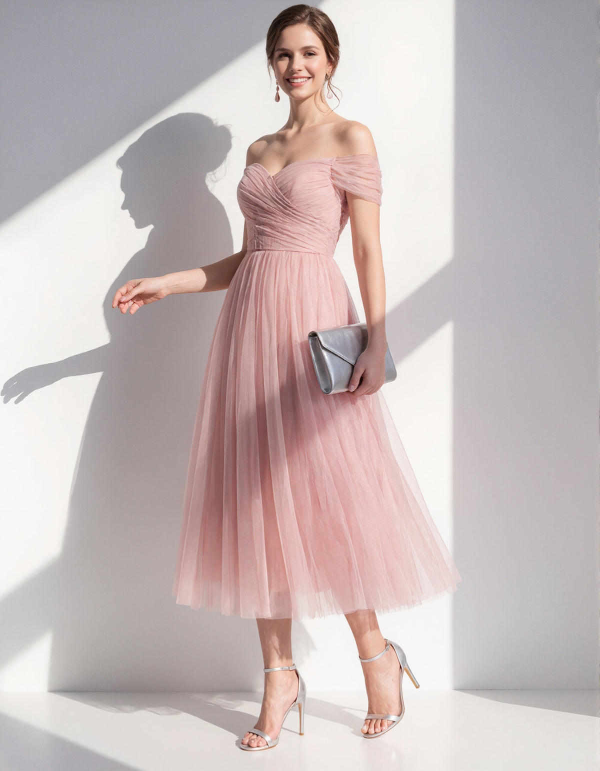 Pink Off Shoulder Tulle Midi Dress