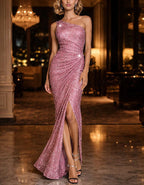 Solid Color Sequined One Shoulder Slit Maxi Dress