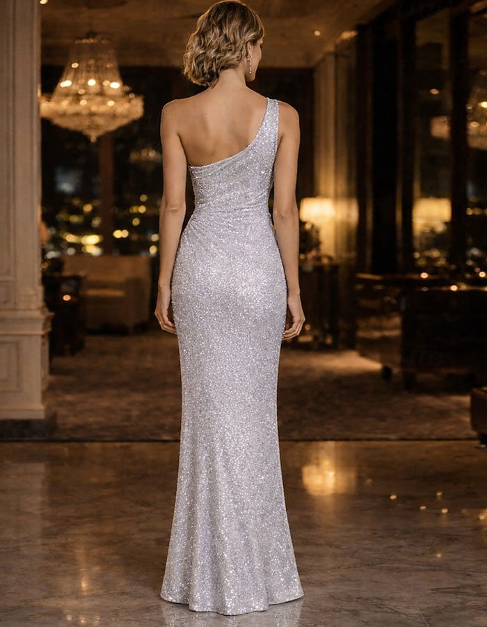 Solid Color Sequined One Shoulder Slit Maxi Dress