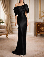 Solid Color Metallic Satin Off Shoulder Maxi Dress