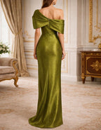 Solid Color Metallic Satin Off Shoulder Maxi Dress