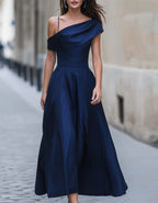 Blue Satin Asymmetrical One Shoulder Maxi Dress
