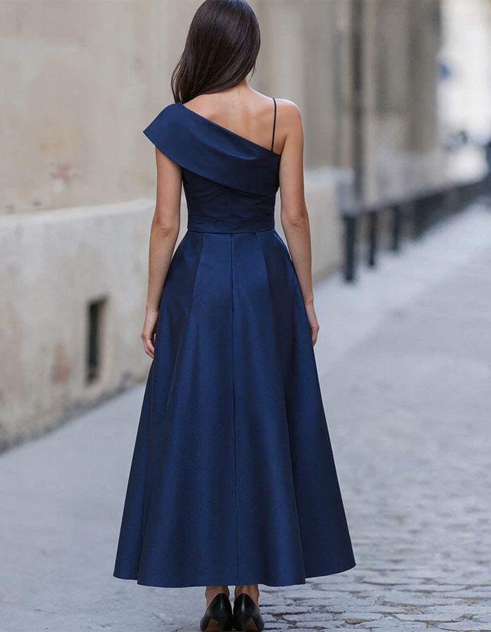Blue Satin Asymmetrical One Shoulder Maxi Dress