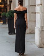 Black Asymmetrical Off Shoulder Slit Maxi Dress