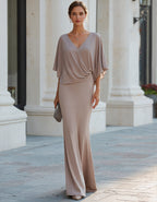 Robe longue sirène à manches châle drapées, kaki clair