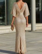 Champagne Colored Ruffled Sleeves Maxi Dress