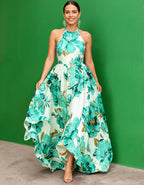 Green Floral Backless Maxi Dress