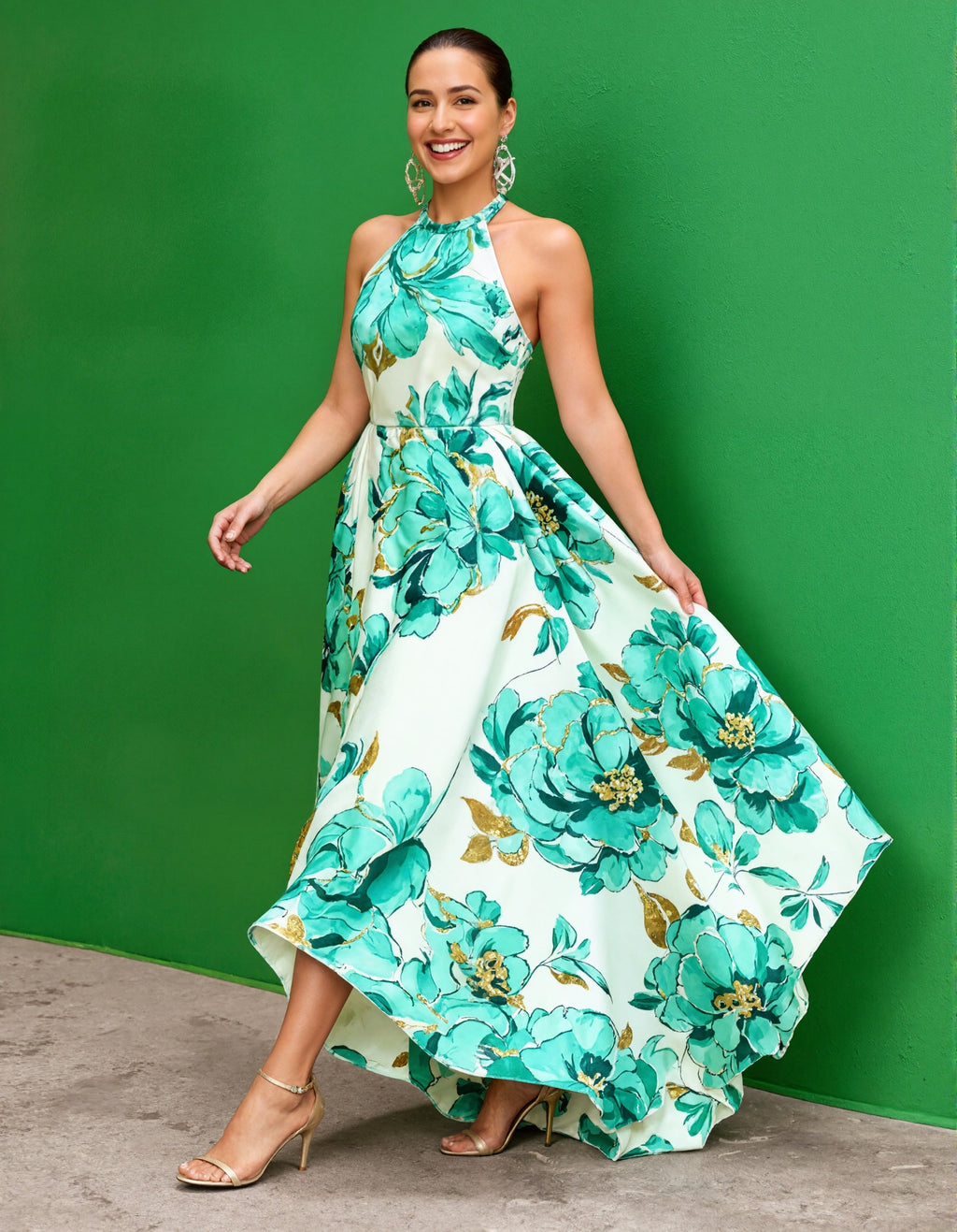 Green Floral Backless Maxi Dress