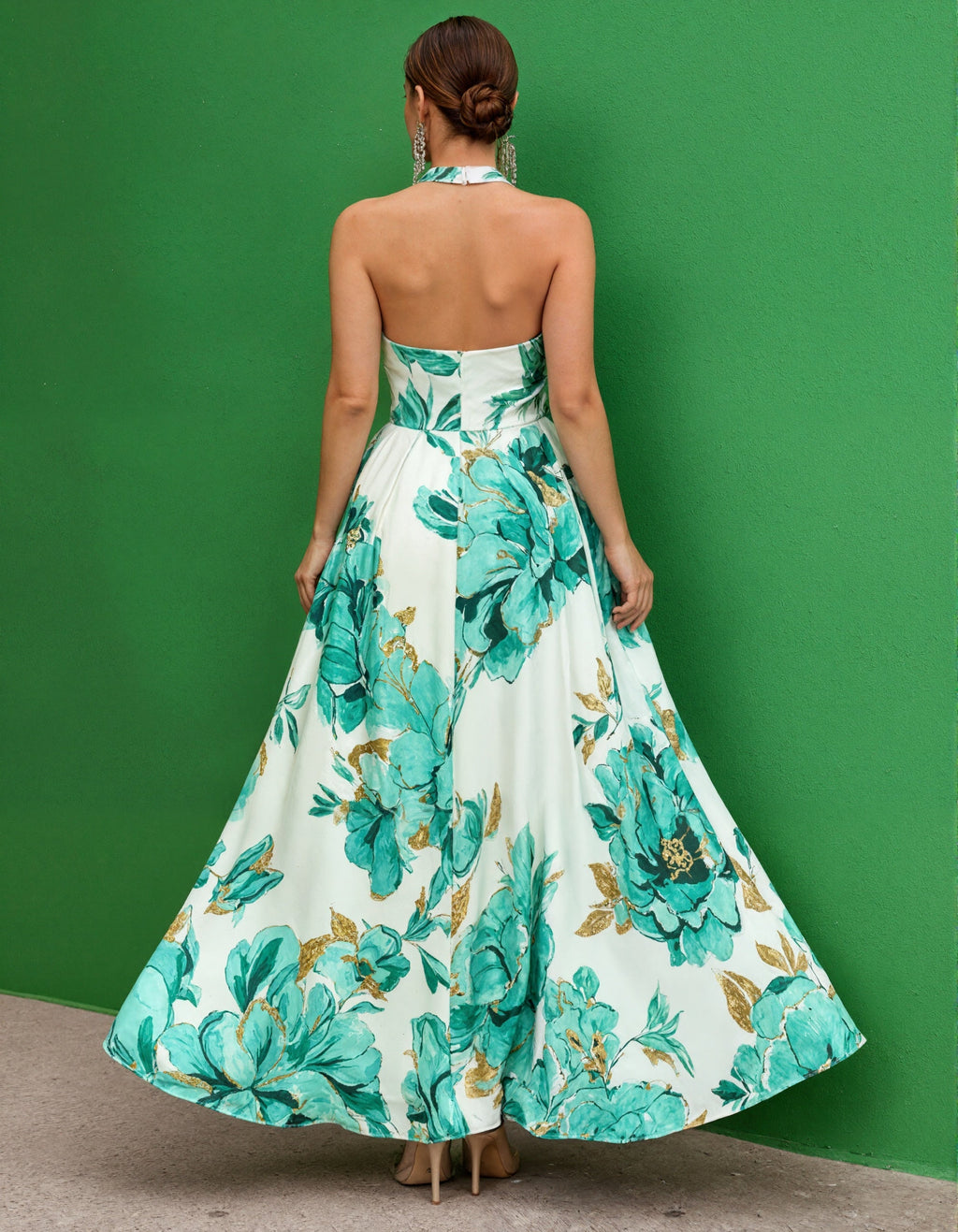 Green Floral Backless Maxi Dress