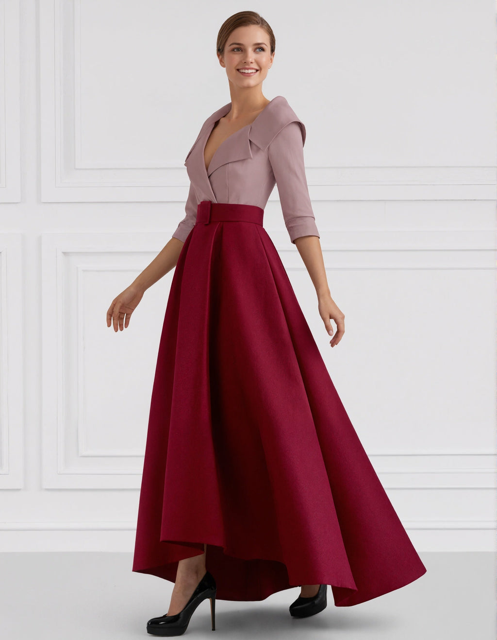 Sophisticated Satin High-Low Gown with Belted Waist and Folded Collar