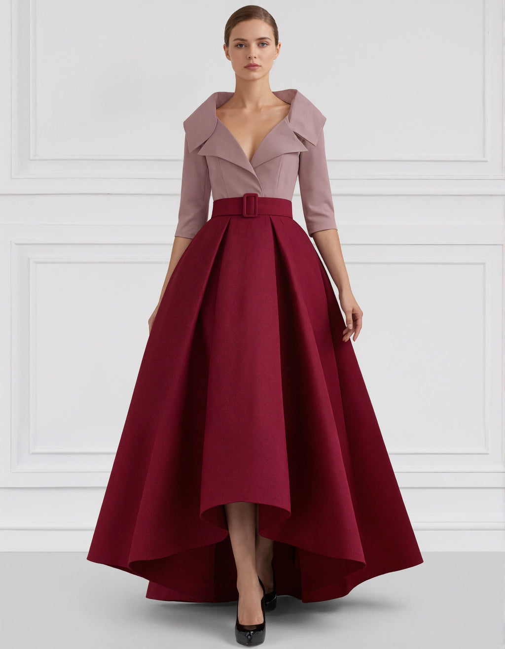 Sophisticated Satin High-Low Gown with Belted Waist and Folded Collar