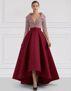 Sophisticated Satin High-Low Gown with Belted Waist and Folded Collar