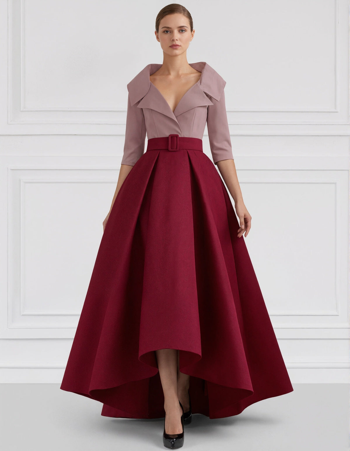 Sophisticated Satin High-Low Gown with Belted Waist and Folded Collar