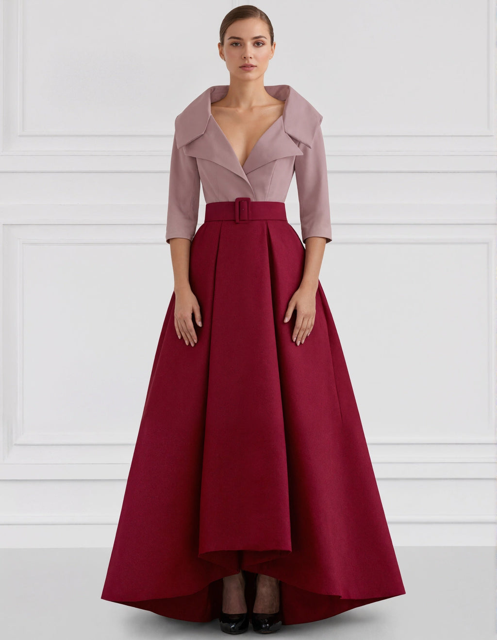 Sophisticated Satin High-Low Gown with Belted Waist and Folded Collar