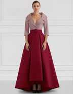Sophisticated Satin High-Low Gown with Belted Waist and Folded Collar