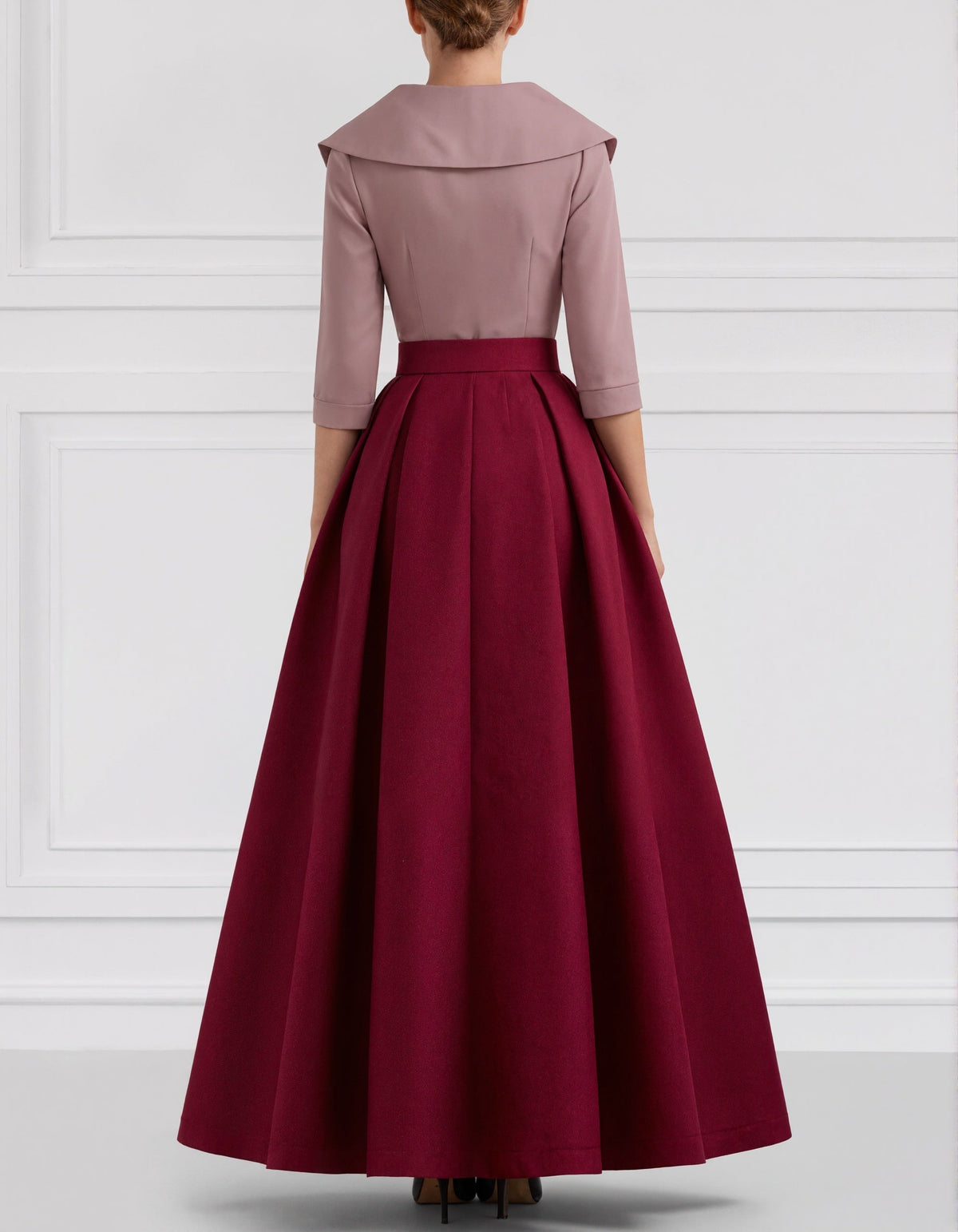 Sophisticated Satin High-Low Gown with Belted Waist and Folded Collar