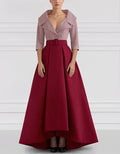Sophisticated Satin High-Low Gown with Belted Waist and Folded Collar