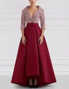 Sophisticated Satin High-Low Gown with Belted Waist and Folded Collar