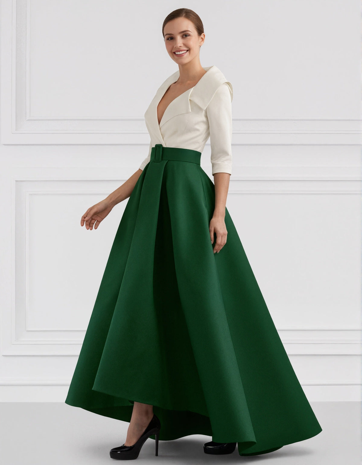 Sophisticated Satin High-Low Gown with Belted Waist and Folded Collar