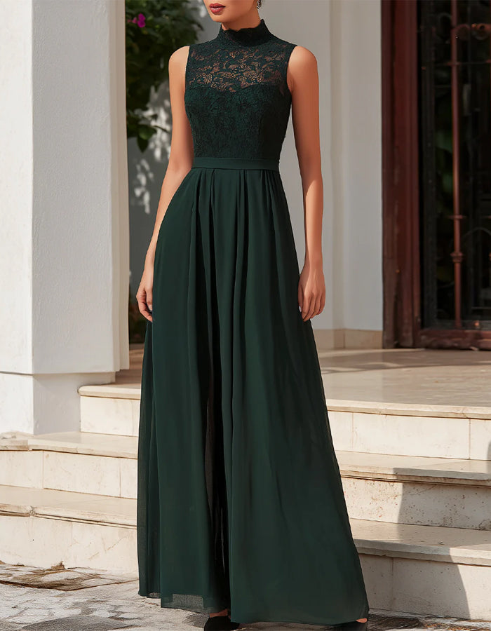 Dunkelgrünes Spitzen-Chiffon-Maxikleid mit Rollkragen