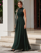 Dunkelgrünes Spitzen-Chiffon-Maxikleid mit Rollkragen