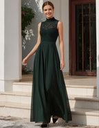 Dunkelgrünes Spitzen-Chiffon-Maxikleid mit Rollkragen