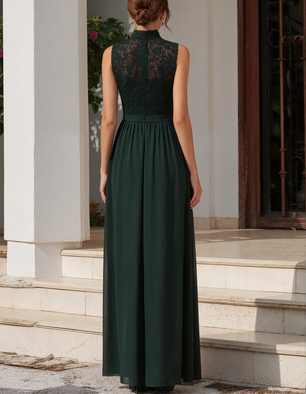 Dunkelgrünes Spitzen-Chiffon-Maxikleid mit Rollkragen